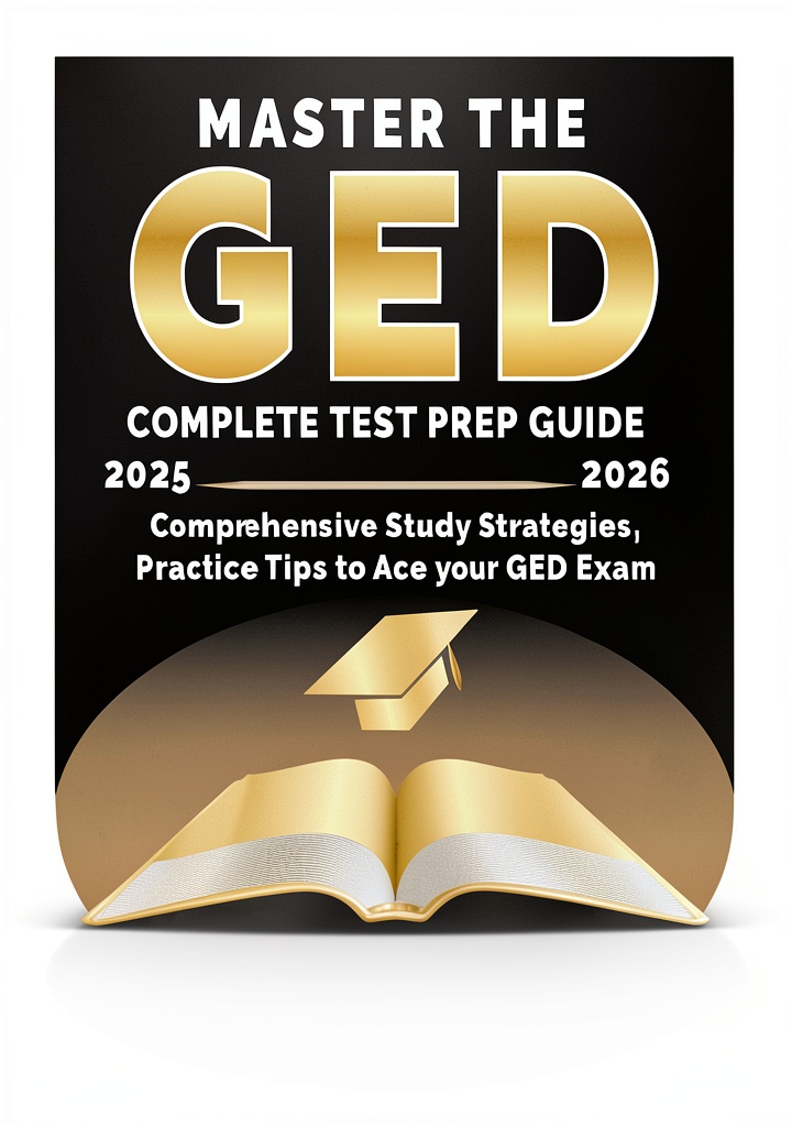 Installing GED Test Prep eBook by Caunoco Press, English, 202 pages on a wooden desk