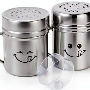 LemonRoad 2 Pcs Stainless Steel Dredge, 10oz Metal Salt Pepper Dredge Shakers, Smile Faces Salt Pepper Shaker Dispenser with Handle, Round Holes, Plastic Caps for Powder Sugar Cooking Kitchen Baking-0